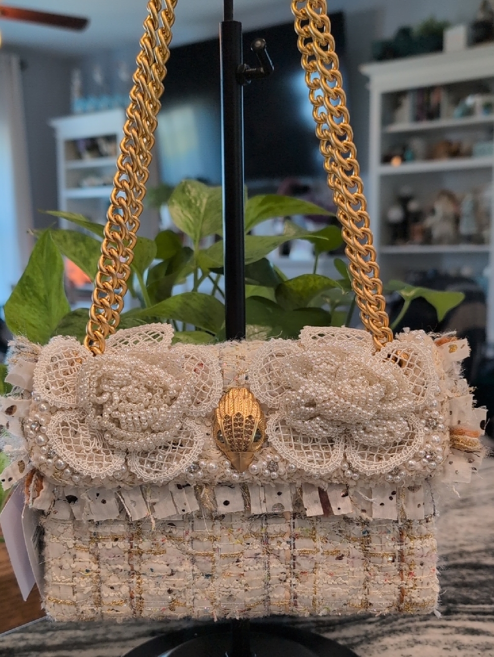 Kurt Geiger Cream Tweed Pearl Roses Kensington Bag